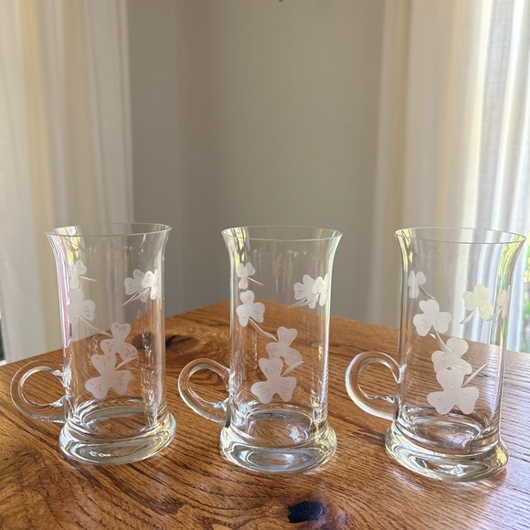 None Other - Vintage Set of 3 Clear Irish Cream Glass Mugs with shamrock Etching